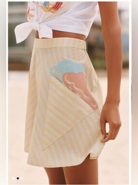 NEW ANTHROPOLOGIE Celandine Cotton Embroidered Yellow And Blue Stripe Skirt Sz S
